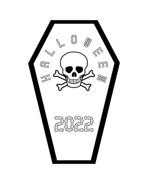 A Halloween 2022 open coffin with textr and a grinning white skull isolated on a white background - Vetor, Imagem