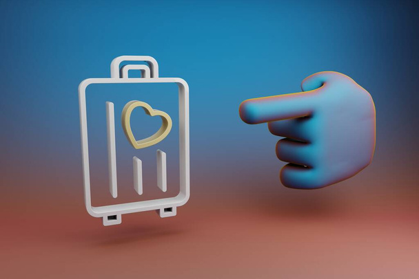 Beautiful illustrations abstract Hand index finger points to Wedding Luggage with heart symbol icon on a multicolor bright background. 3d rendering illustration. Background pattern for design.  - Valokuva, kuva