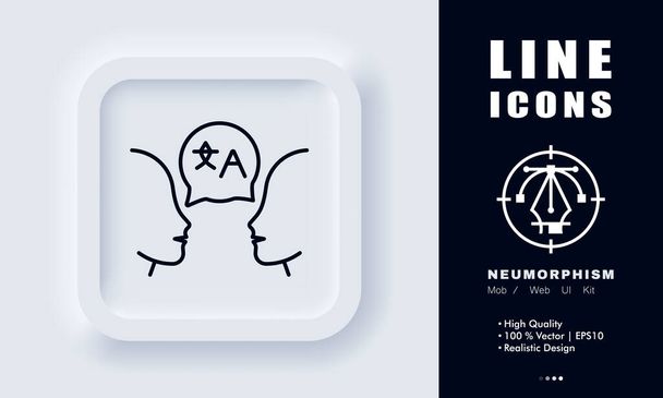 Communication in different languages line icon. Translator, translation, abroad, overseas, people with speech bubble, technology. Society concept. Neomorphism style. Vector line icon for Business. - Vektor, kép