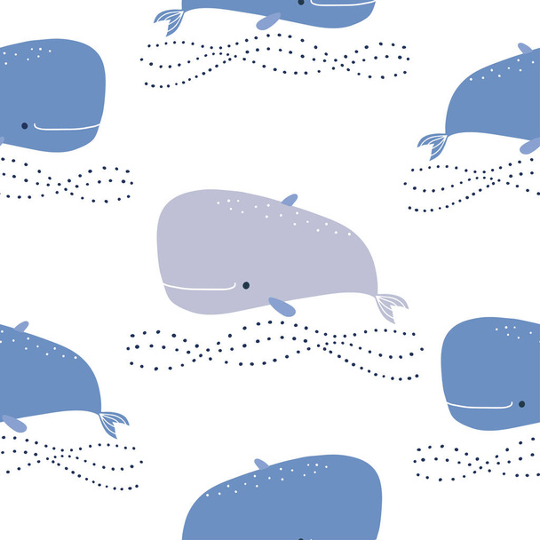 Seamless marine pattern. Vector background with a dolphin on a white background. Marine wallpaper in a cartoon style. - Вектор, зображення