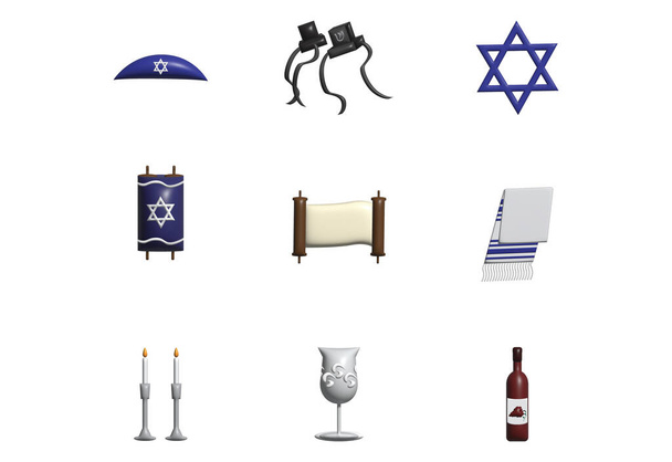3D Jewish symbols set, Kippah, Tefillin, Star of David, Torah scroll, Tallit, Shabbat candles, Kiddush cup, wine bottle illustrations  - Zdjęcie, obraz