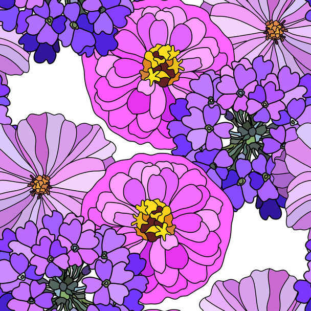 Elegant seamless pattern with verbena, zinnia, cosmos flowers, design elements. Floral  pattern for invitations, cards, print, gift wrap, manufacturing, textile, fabric, wallpapers - Vetor, Imagem