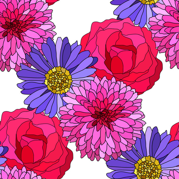Elegant seamless pattern with aster, rose, chrysanthemum flowers, design elements. Floral  pattern for invitations, cards, print, gift wrap, manufacturing, textile, fabric, wallpapers - Vector, Imagen