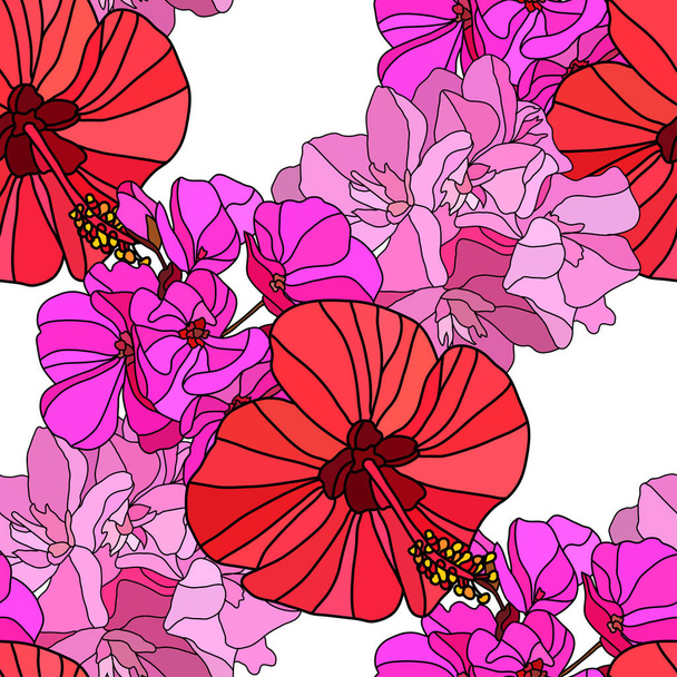Elegant seamless pattern with hibiscus, oleander, geranium flowers, design elements. Floral  pattern for invitations, cards, print, gift wrap, manufacturing, textile, fabric, wallpapers - ベクター画像