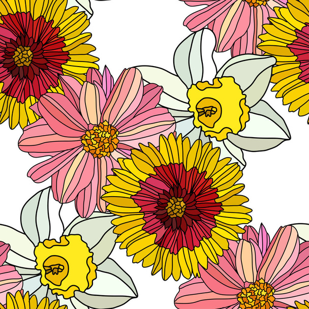 Elegant seamless pattern with gaillardia, dahlia, daffodil flowers, design elements. Floral  pattern for invitations, cards, print, gift wrap, manufacturing, textile, fabric, wallpapers - Вектор,изображение