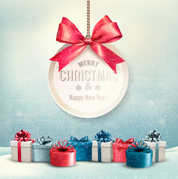 Merry Christmas card with a ribbon and gift boxes. Vector. - Vector, Image