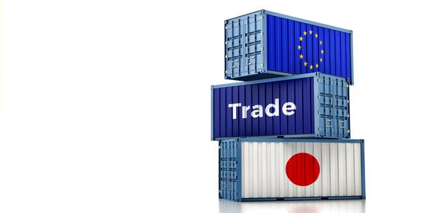 Cargo containers with Japan and European Union flags. 3D Rendering - Photo, image