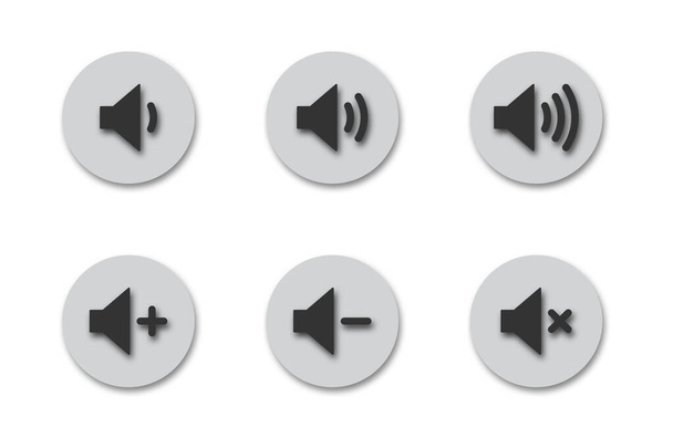 Volume icons. Round buttons with shadows. Sound icons. Flat vector illustration. - Vektori, kuva