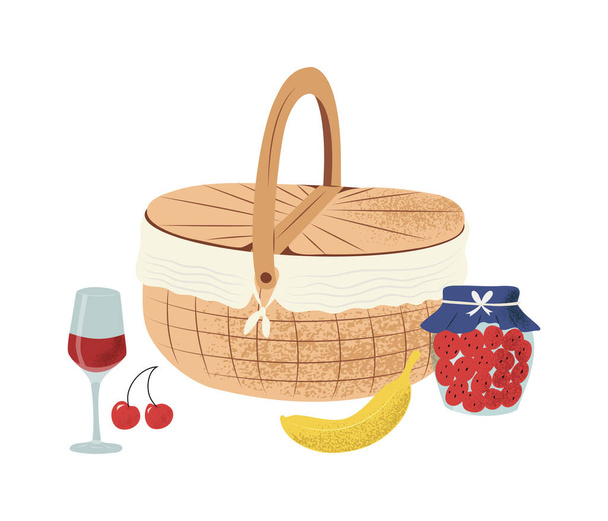 Cesta de picnic dibujada a mano con plátano, mermelada, vino y cereza, ilustración vectorial de estilo plano con textura granulada, aislada sobre fondo blanco - Vector, imagen