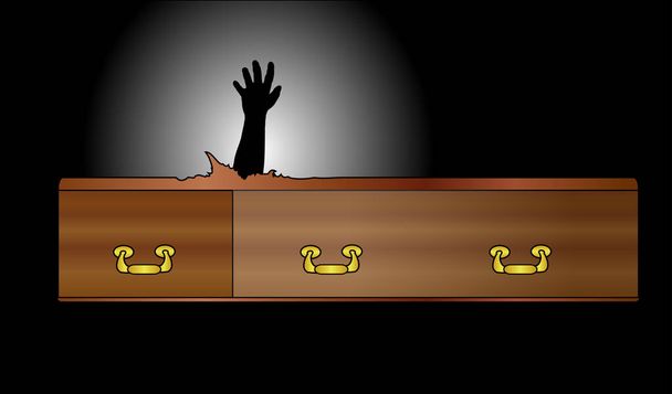 A wooden coffin and brass handles with an escaping hand over a dark background - Вектор, зображення