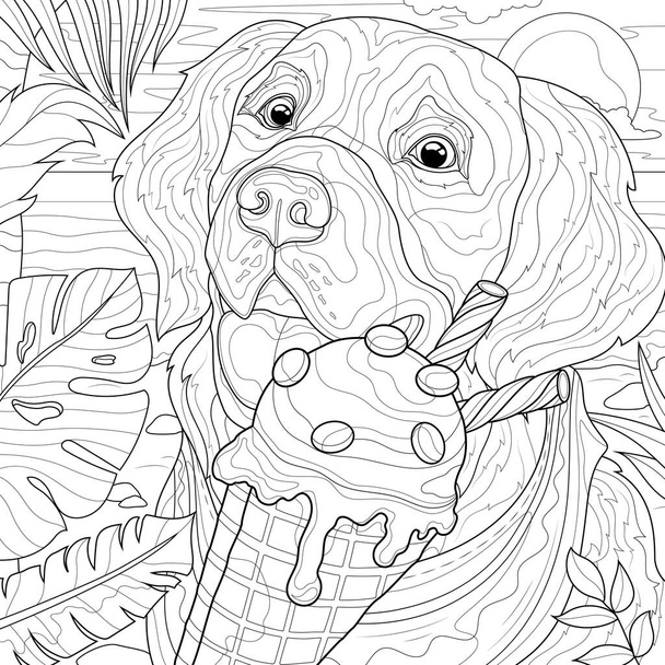Dog licks ice cream on the beach.Coloring book antistress for children and adults. Illustration isolated on white background.Zen-tangle style. Hand draw - Vector, Image