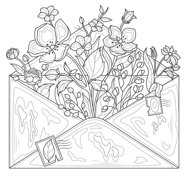 Envelope with flowers.Coloring book antistress for children and adults. Illustration isolated on white background.Zen-tangle style. Hand draw - Διάνυσμα, εικόνα