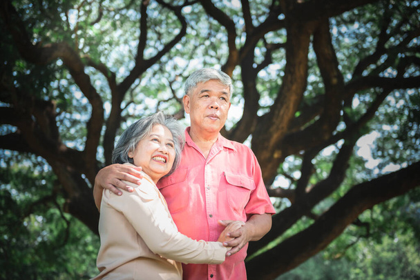Couple âgé asiatique Debout sous un grand arbre, ils sont heureux, à la détente des personnes âgées dans le parc et le bonheur dans le concept de la retraite. - Photo, image
