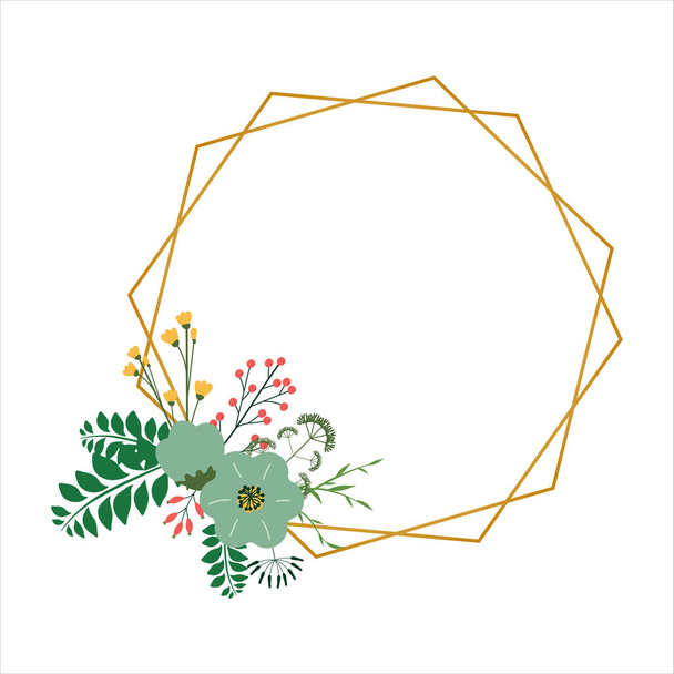 Gold frames set with with flowers. Floral wedding invitation card with flowers leaves berry branches in romantic style. - Διάνυσμα, εικόνα
