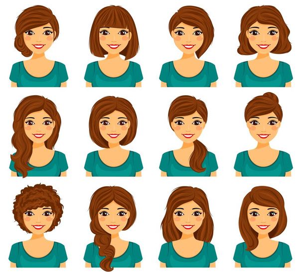 Beautiful smiling woman demonstrates various hairstyles. Long and short hair. Brown hair color. Hairstyle set. Flat style on a white background. Cartoon. - Vektor, Bild