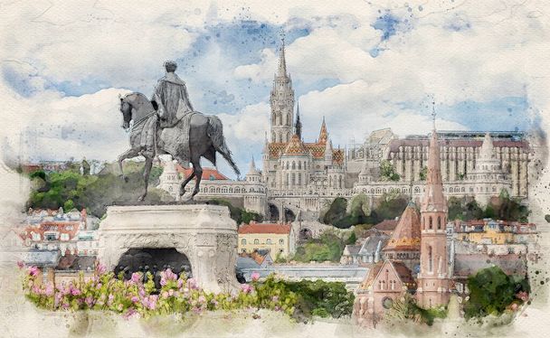 Vue du côté Buda de Budapest, Hongrie avec le château de Buda, le bastion de Saint Matthias et des pêcheurs et la statue du comte Gyula Andrassy en aquarelle.  - Photo, image