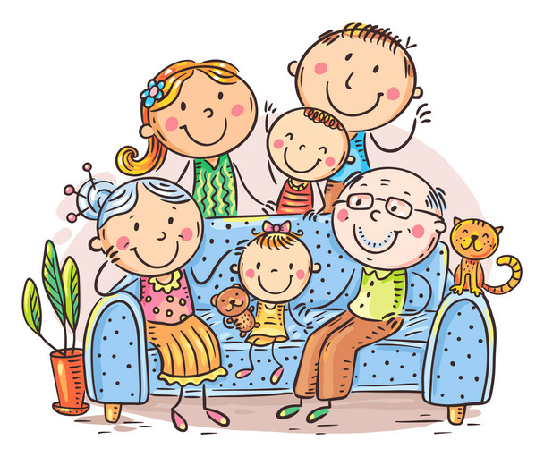 Happy big family sitting in the living room on the sofa - Vector, afbeelding