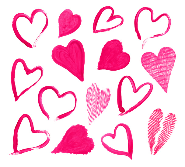 Pink hand drawn silhouette and linear frame heart. Pink heart template collection for graphic design. - Photo, image