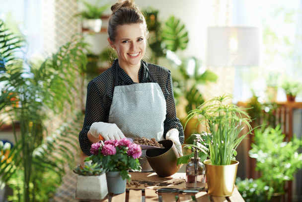 Relaxing home gardening. Portrait of smiling 40 years old housewife in white rubber gloves with potted plant and expanded clay in the modern house in sunny day. - Zdjęcie, obraz