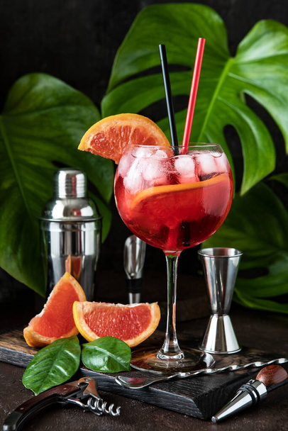 Refreshing drink  (martini, aperol) with red citrus, tonic and ice, holidays party concept - Photo, image