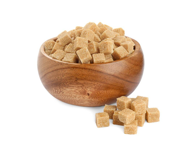 Wooden bowl and brown sugar cubes on white background - Fotó, kép