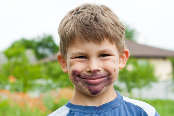 Close-up portrait of child whose face is stained with black mulberry juice. Smiling preschooler boy stained his face in lilac. Happy childhood. Summer. Time to eat berries. - Photo, Image