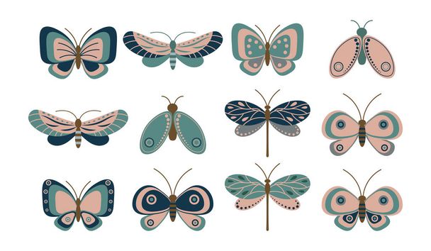 Insekten, Libellen, Schmetterlinge und Motten mit Ornamenten, Pastellfarben. Druck, Dekorelemente, Vektor - Vektor, Bild