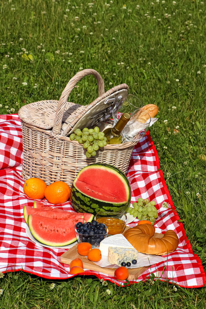 Picnic blanket with delicious food and wine outdoors on summer day - 写真・画像