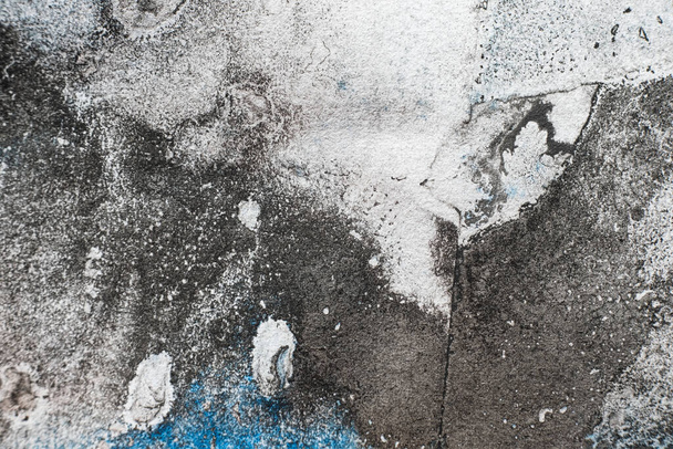 Grunge stained background. Weathered paper texture. Distressed wall. Black blue paint grain dust on white rough grimy art abstract surface with free space for logo. - Foto, afbeelding
