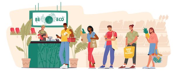 Happy People Stand in Queue with Reusable Packaging in Hands Visiting Store. Male and Female Characters Use Eco Bags and Packing for Shopping, Purchases and Bought. Cartoon Vector Illustration - Vector, Imagen
