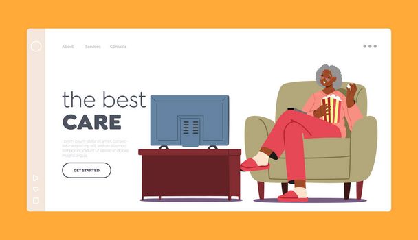 Elderly Care Landing Page Template. Old Lady Home Sparetime, Black Senior Woman Watch Tv with Popcorn. Aged Character Sit on Sofa with Cat Having Fun Watch Program. Cartoon People Vector Illustration - Διάνυσμα, εικόνα
