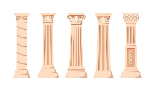 Набір античних стовпів, стародавні класичні кам'яні колони ізольовані на білому тлі. Roman or Greece Архітектурні елементи дизайну з прикрасою для внутрішнього фасаду. Мультфільм Векторні ілюстрації
 - Вектор, зображення