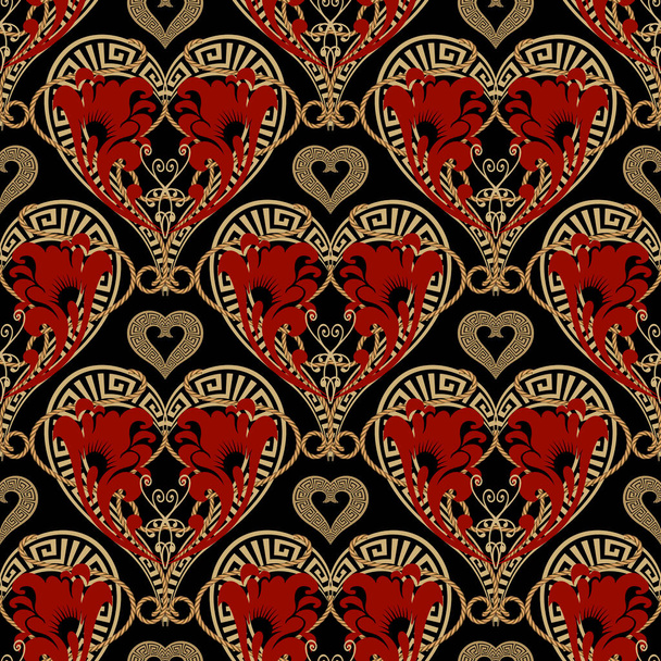Greek love hearts vector seamless pattern. Ornamental ethnic style beautiful background. Colorful abstract backdrop. Modern mandalas. Love hearts ornaments with golden ropes. Creative vintage design. - Vettoriali, immagini