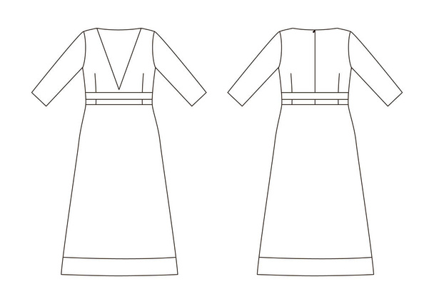 Sukienka z wpuszczanymi rękawami, reliefami, falbankami i odpinanym jarzmem. Rysunek techniczny - Wektor, obraz