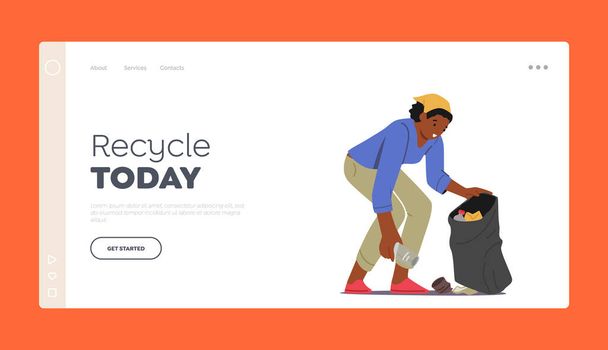 Recycle, Ecology Protection Landing Page Template. Volunteering Concept, Volunteer Female Character Work, Cleaning Garbage. Woman Collecting Litter Trash to Sack. Cartoon People Vector Illustration - Vektor, Bild