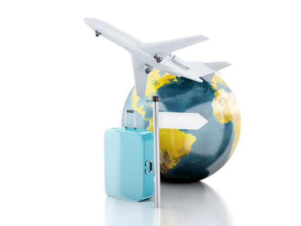 Valise de voyage 3D, avion et globe terrestre. concept de voyage
 - Photo, image