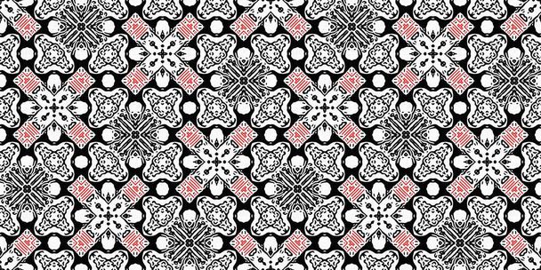 赤黒のシームレスアラベスクバンダナボーダーパターン。現代の男性ファッションネッカーチーフ幾何学的なスカーフエッジトリム。概要無限グラフィックテープバナー - 写真・画像