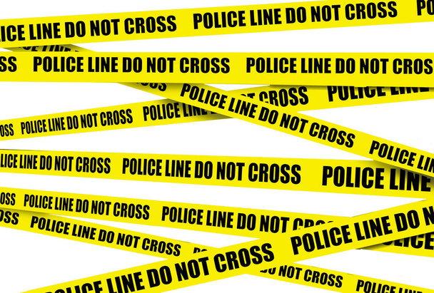 Yellow crime scene tape is seen. Police line do not cross is the text on the tape in this 3-d illustration. - Foto, afbeelding