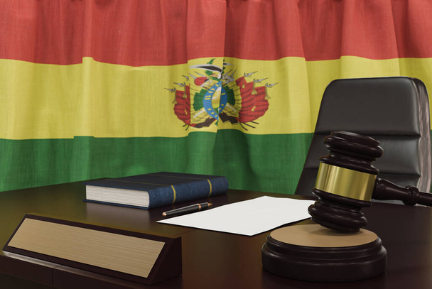 Law and justice concept,  gavel on a wooden desktop and the Bolivia flag on background. 3d render. - Foto, Imagem