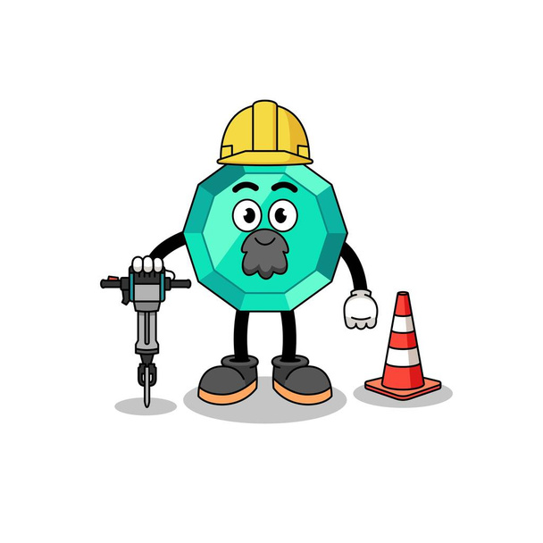 Character cartoon of emerald gemstone working on road construction , character design - Vettoriali, immagini