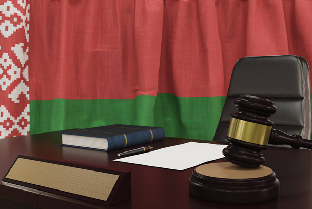 Law and justice concept,  gavel on a wooden desktop and the Belarus flag on background. 3d render. - Foto, Imagem