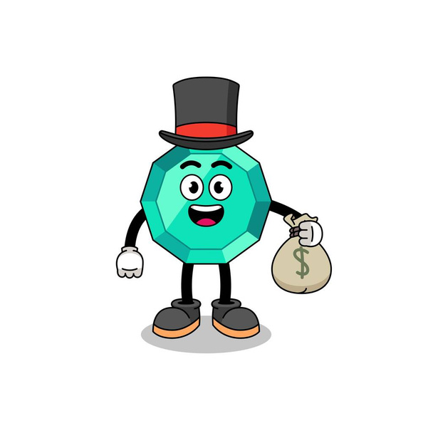 emerald gemstone mascot illustration rich man holding a money sack , character design - Διάνυσμα, εικόνα