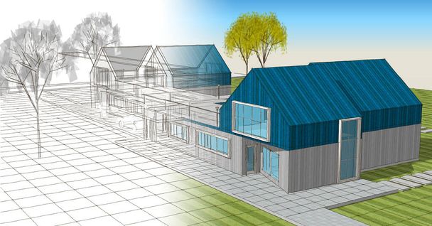 cottage town townhouses architectural concept 3D illustration - Foto, afbeelding