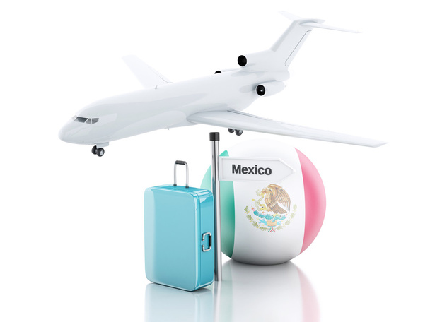 Koncepcja podróży. Walizka, samolot i Meksyk flaga ikona. pokazanego 3D - Zdjęcie, obraz