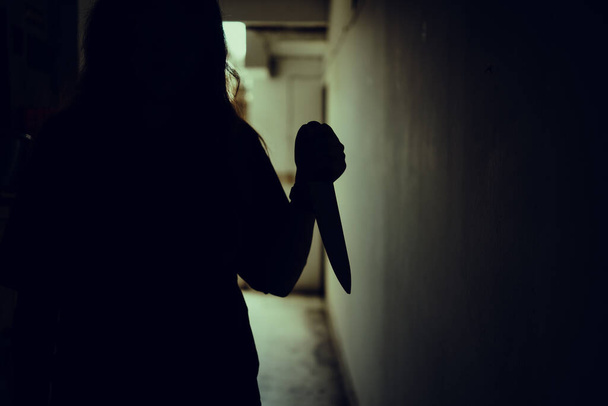 The shadow of a female murderer stood terrifyingly holding a knife and lit from behind.Scary horror or thriller movie mood or nightmare at night Murder or homicide concept. - Foto, Bild