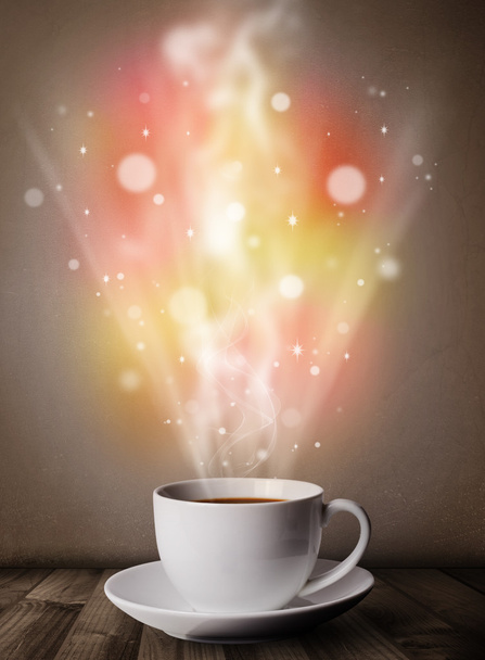 Coffee mug with abstract steam and colorful lights - 写真・画像