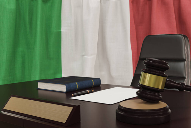Law and justice concept,  gavel on a wooden desktop and the Italian flag on background. 3d render. - Foto, Imagem