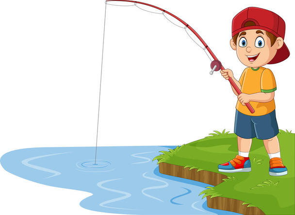 Wektor ilustracja kreskówki mały chłopiec połowów na jeziorze - Wektor, obraz
