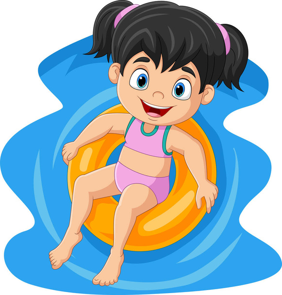 Vector illustration of Cute little girl with swimsuit floating on inflatable ring - Vector, Image
