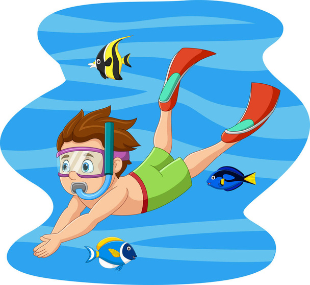 Векторна ілюстрація мультиплікаційного хлопчика, який плаває і занурюється у воду з тропічною рибою
 - Вектор, зображення